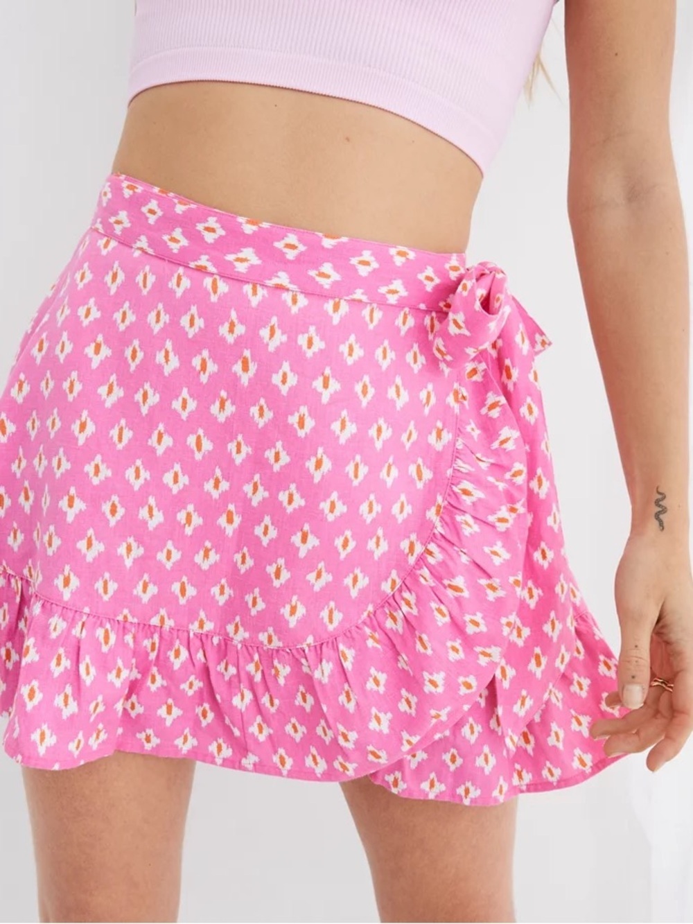 Aerie Pink Linen Blend Wrap Mini Skirt Ruffle Hem Cottagecore Medium